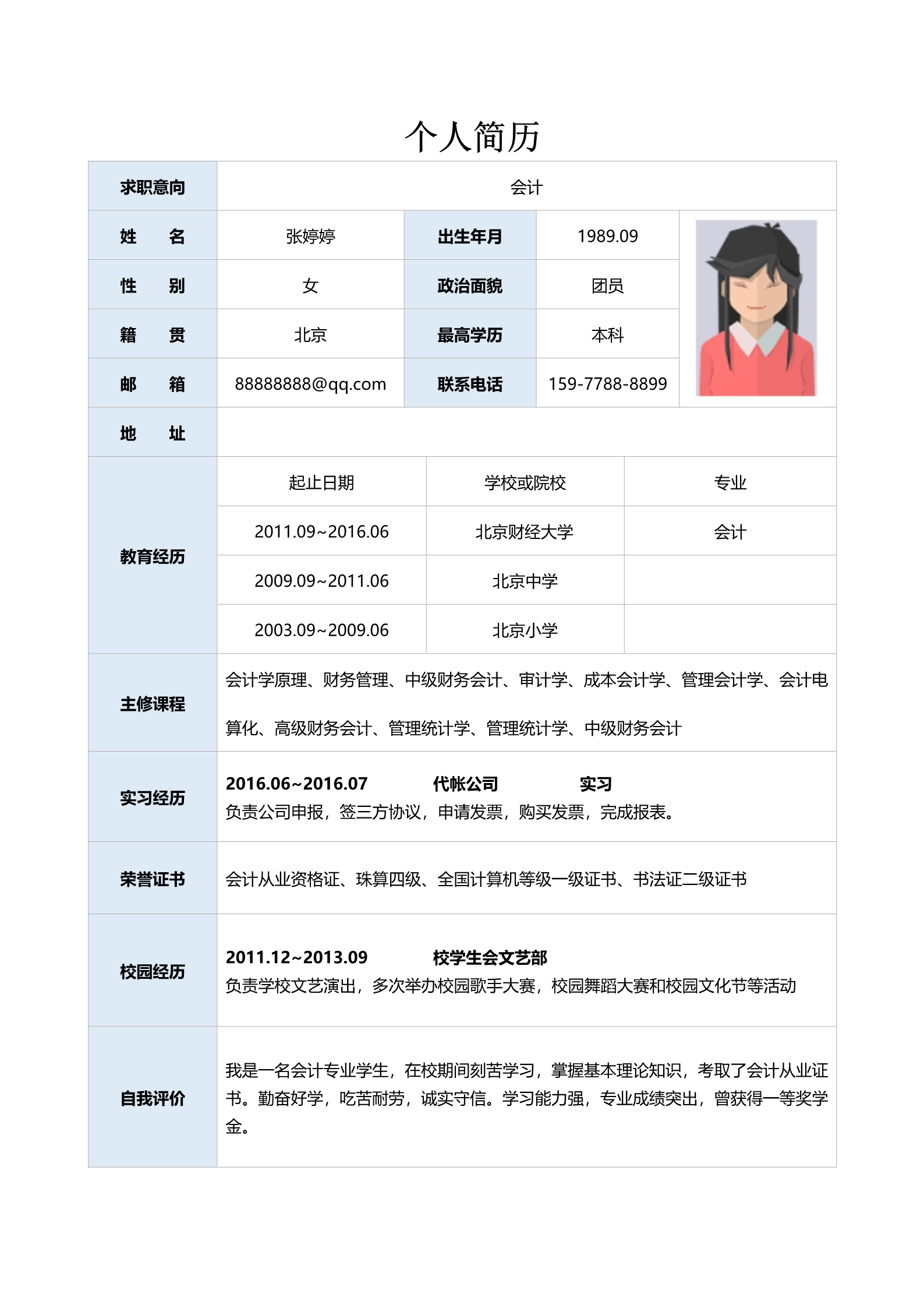 经典蓝色标准简历表格