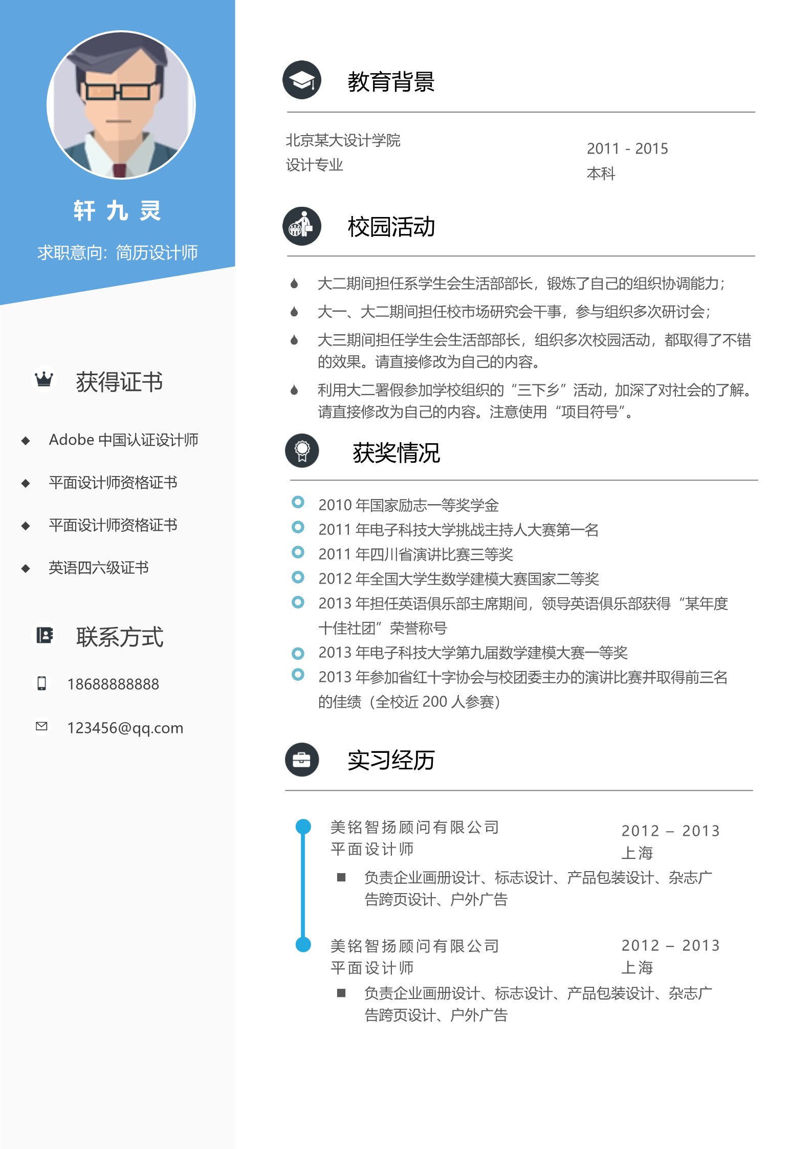 蓝色主题设计感十足的简历模板2
