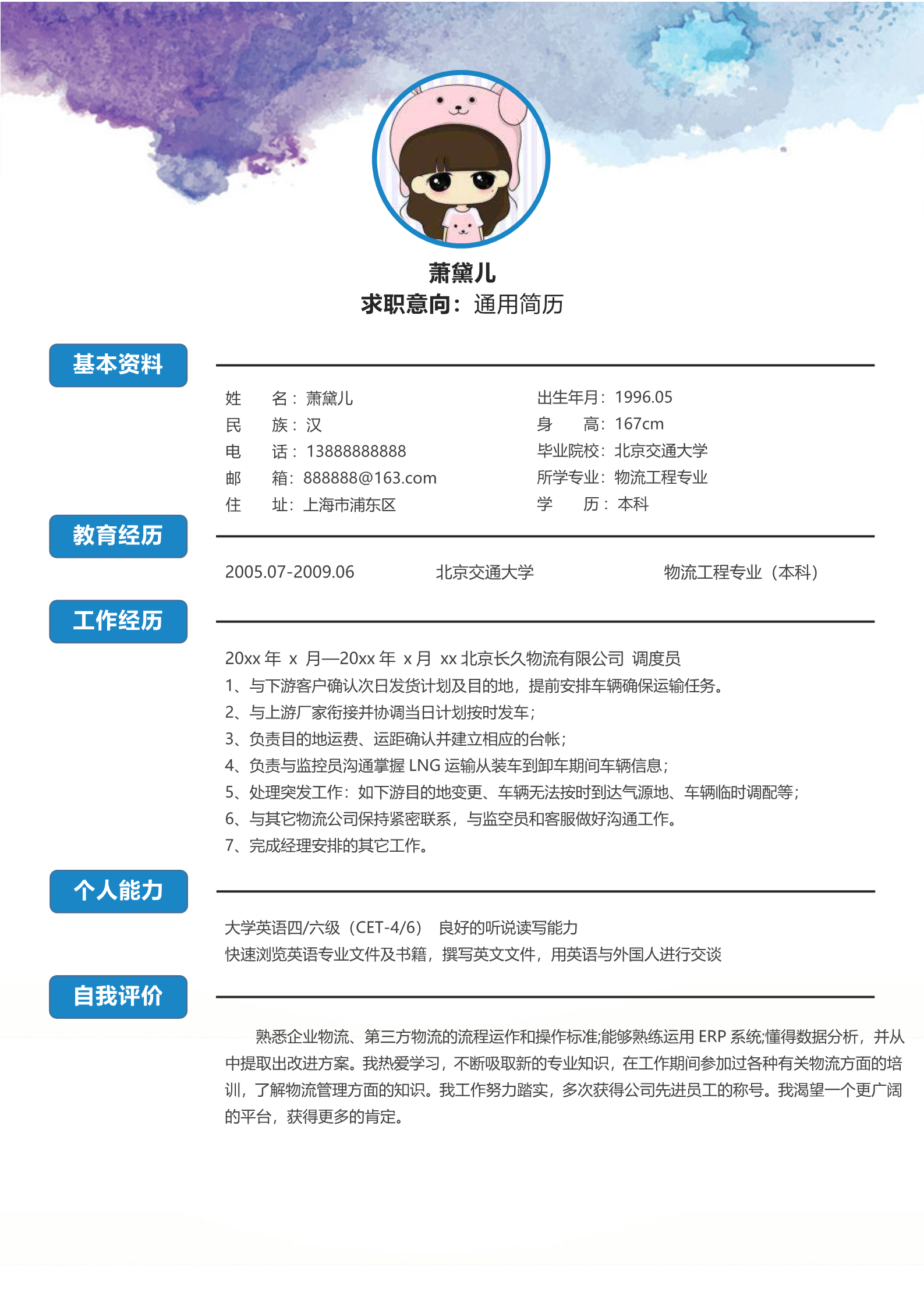 蓝色水墨风精品个人简历模板2