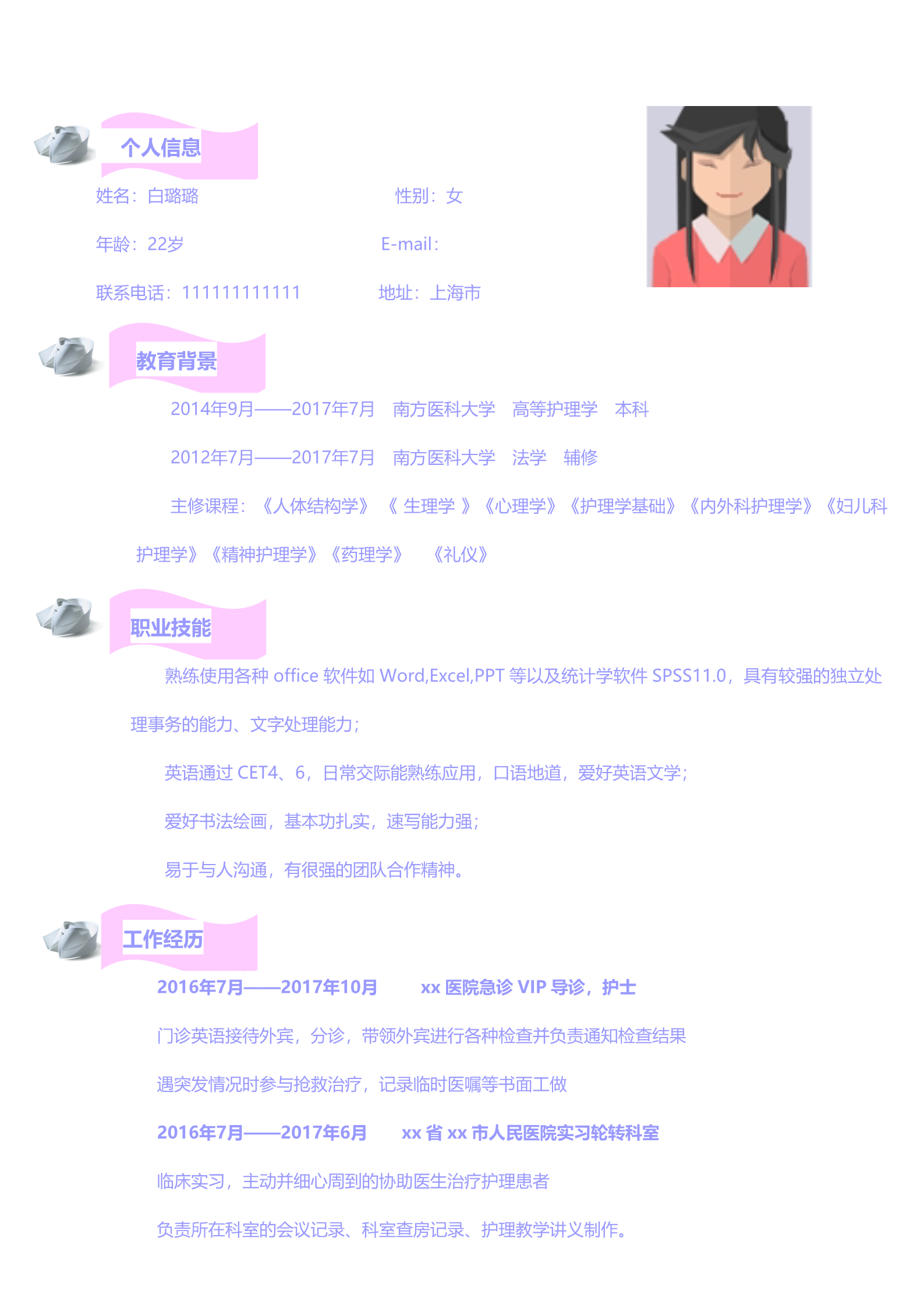 简陋粉色职校护士面试简历模板2