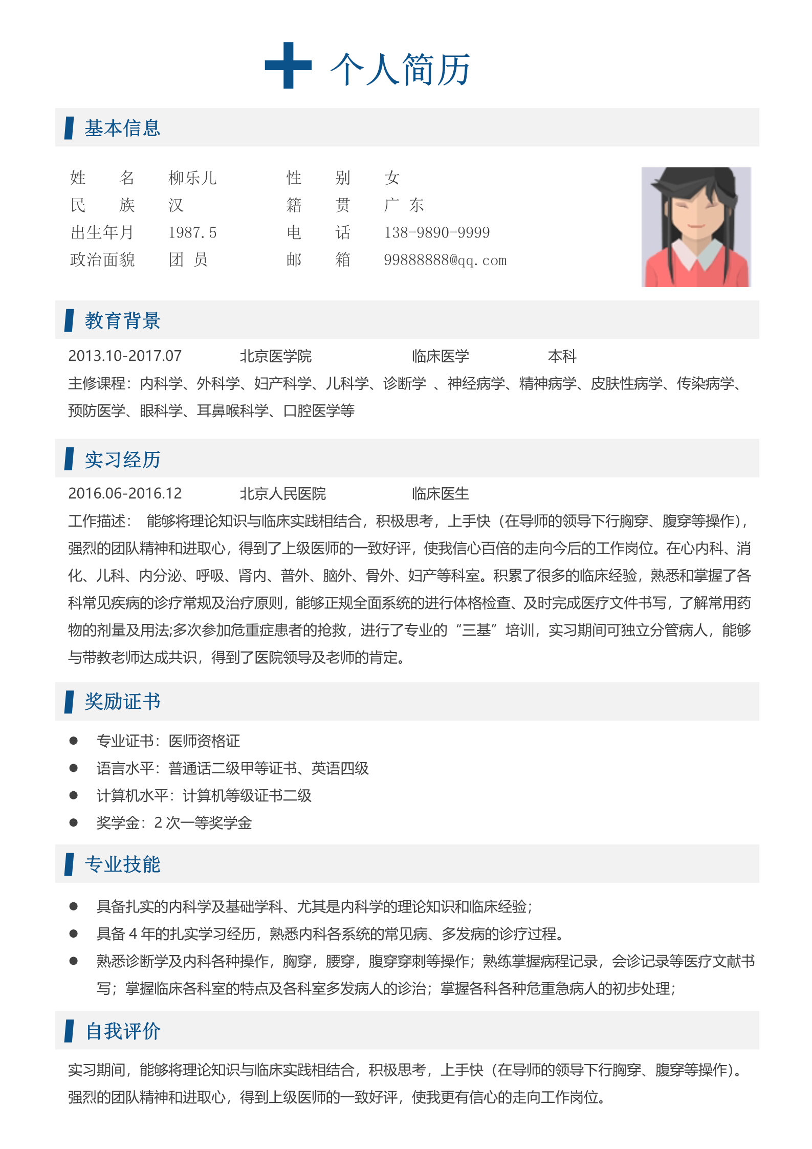 漂亮的主治医师面试简历模板2