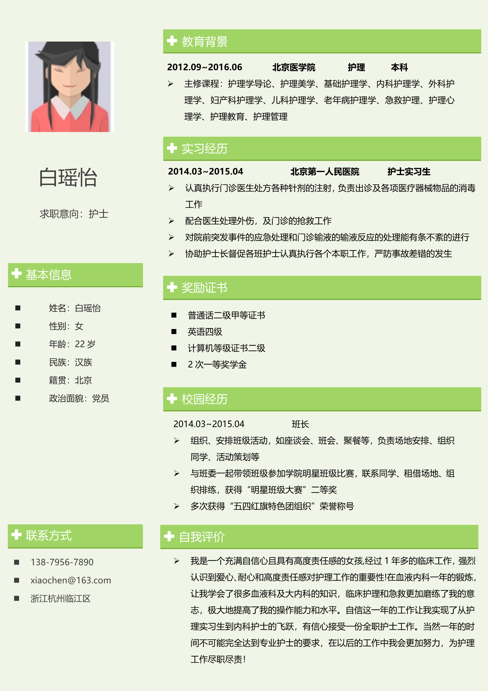 生机盎然绿色医学院护士面试简历模板2